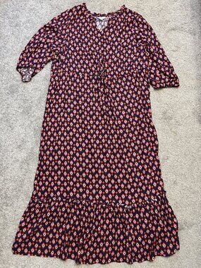 Croft & Barrow Geometric Maxi Dress Tie Waist Ruffle Neck Navy Pink Plus 2X Boho